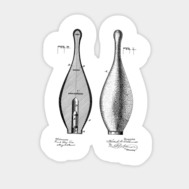 Bowling Pin Vintage Patent Hand Drawing Sticker by TheYoungDesigns